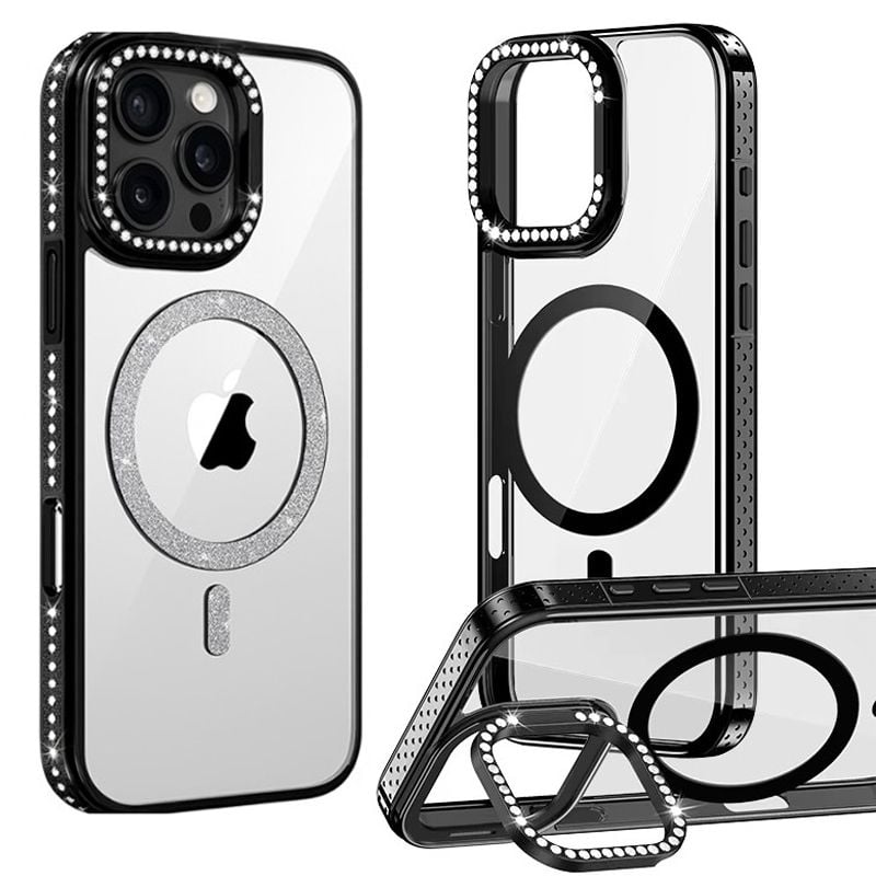 Husa Crystal MagSafe, Suport camera, iPhone 16 Pro, Strasuri si sclipici, Protectie antisoc, Negru Engros