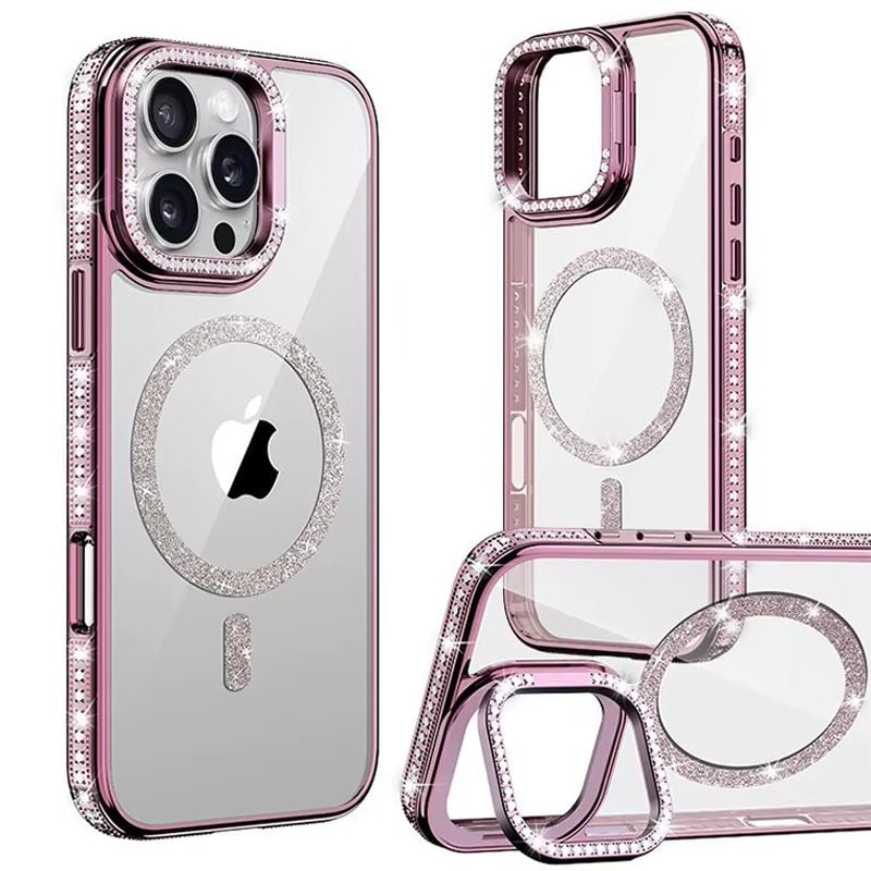 Husa Crystal MagSafe, Suport camera, iPhone 15 Pro Max, Strasuri si sclipici, Protectie antisoc, Roz Engros
