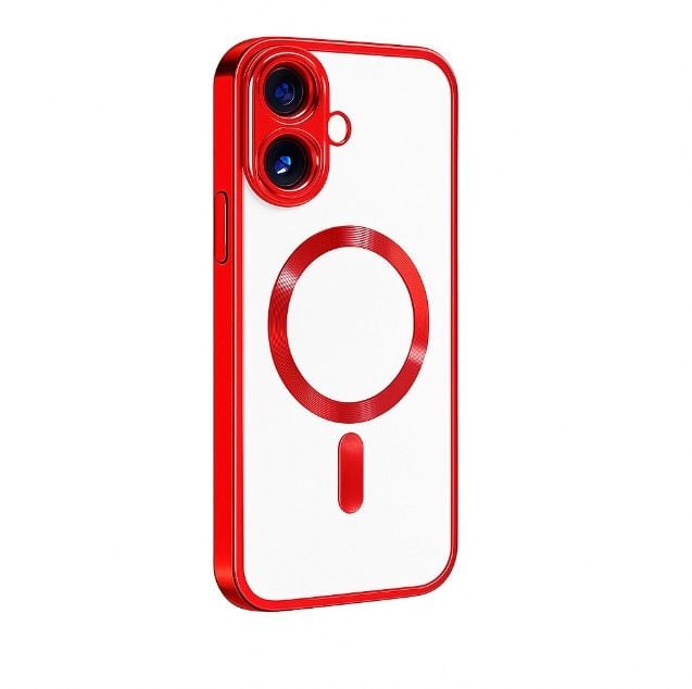 Husa Luxe Armor, Magsafe, Apple iPhone 16 Plus, Protectie camera, Silicon, Transparent, Rosu Engros