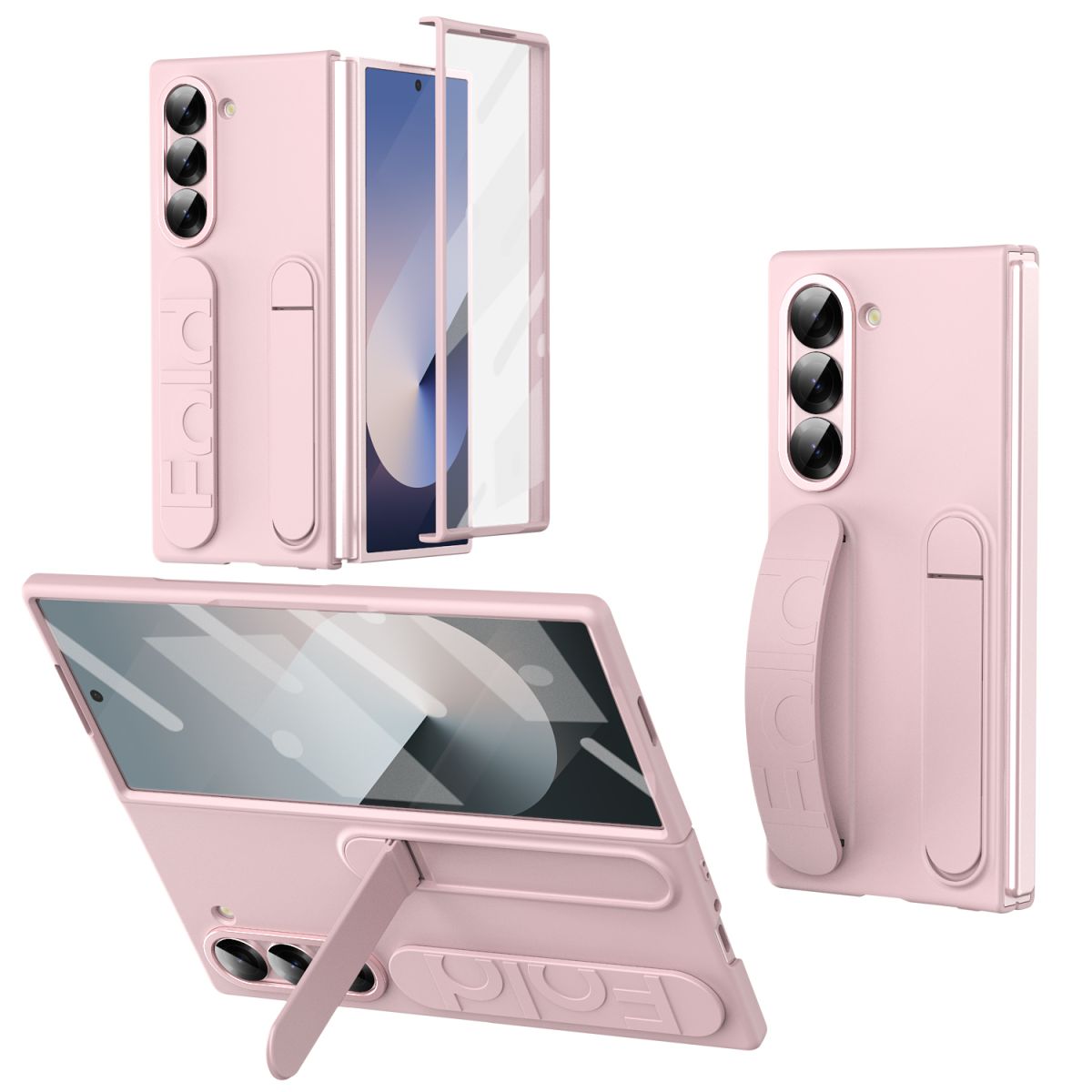 Husa pentru Samsung Galaxy Z Fold 7, Suport Rabatabil si Maner, Protectie ecran din sticla, Roz Engros