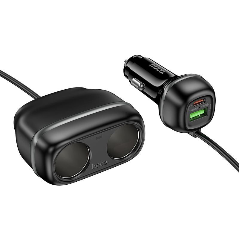 Incarcator Auto cu Prelungitor 0.75M, Hoco Z59, USB + Type-C, 2 Prize bricheta, Putere 240W, Negru Engros