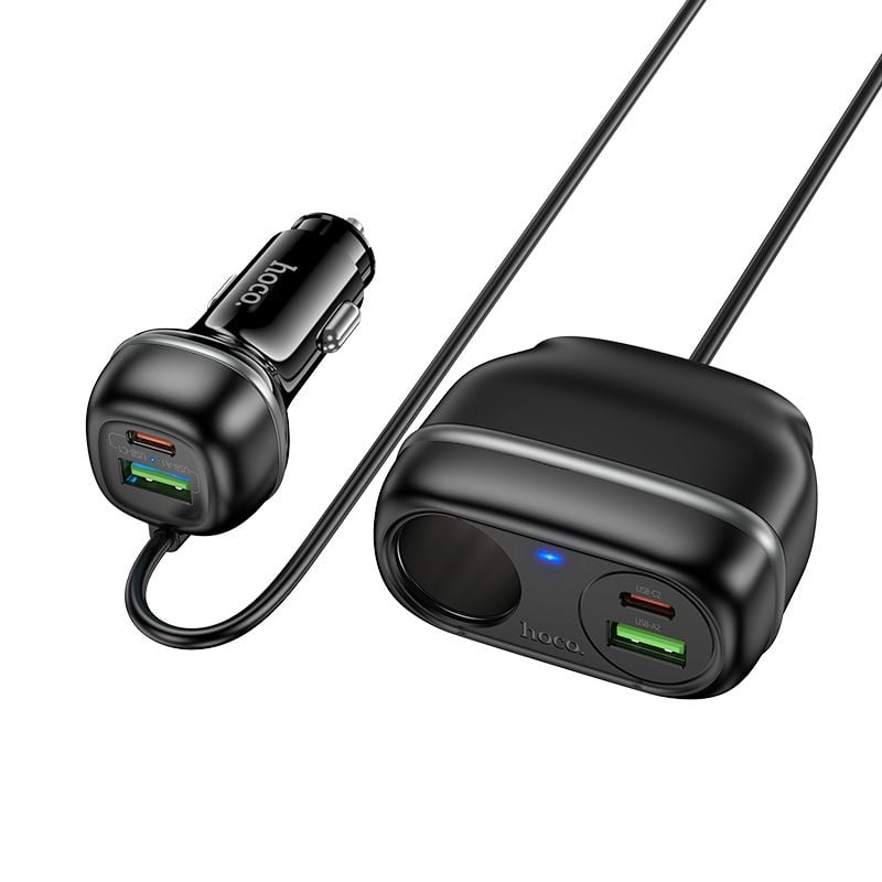 Incarcator Auto cu Prelungitor 0.75M, Hoco Z59A, 2 x USB + 2 x Type-C, Priza bricheta, Putere 240W, Negru Engros