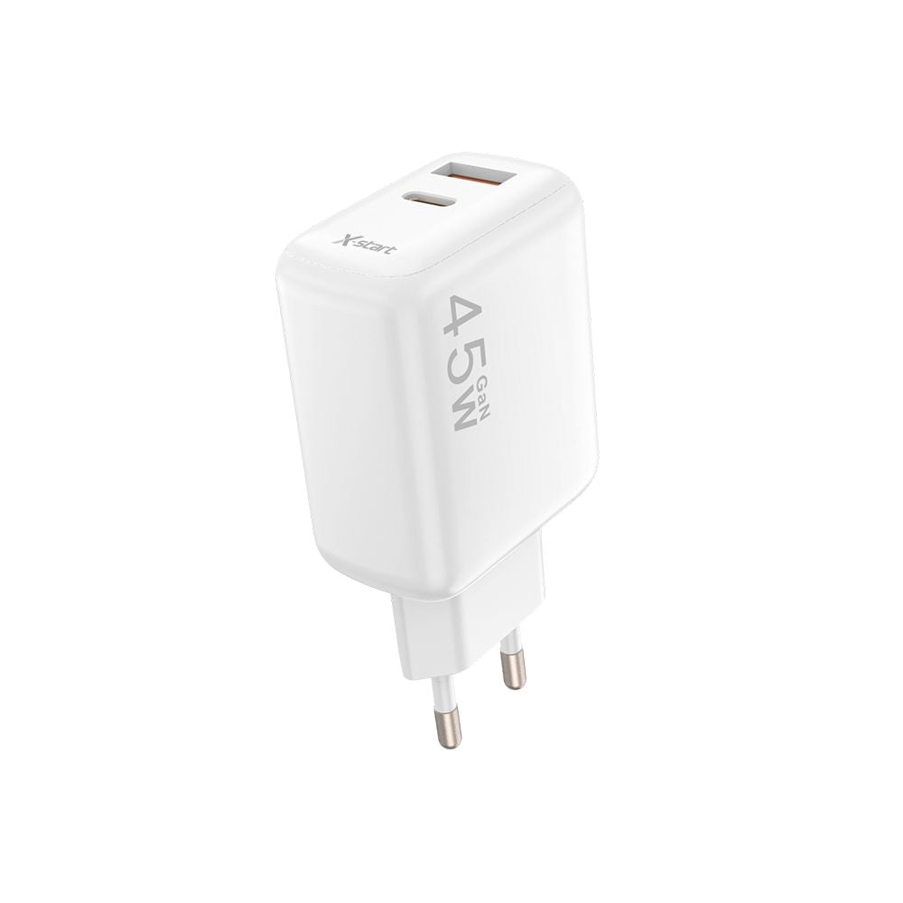 Încărcător GaN X-Start CDQ087, 45W, USB-C + USB-A, Fast Charge PD 3.0, Alb Engros