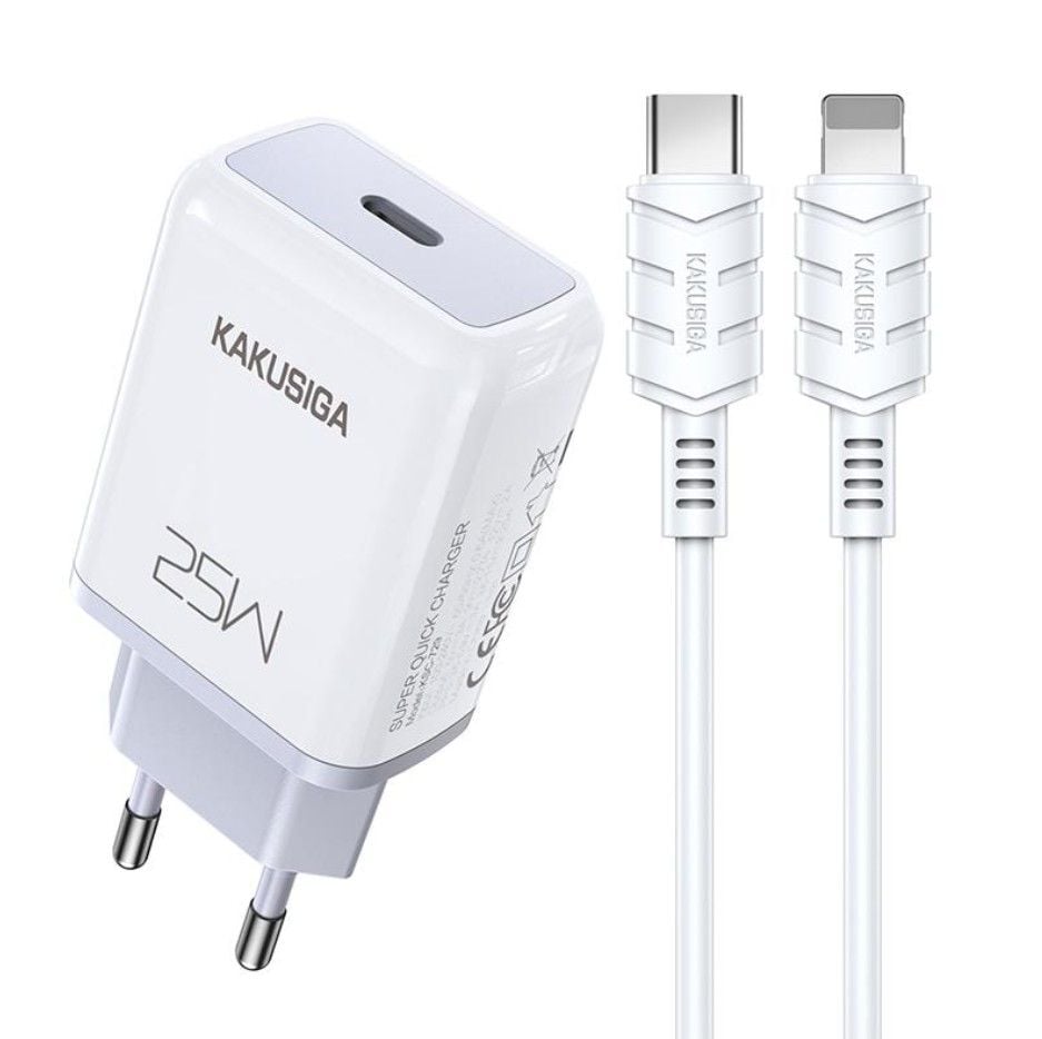 Încărcător Rețea 25W PD Fast Charge, KSC-814, Cablu Type-C la Lightning Inclus, Alb Engros