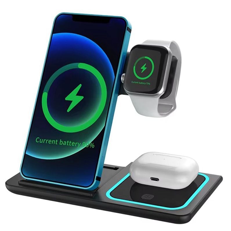Suport Incarcator 3 in 1, pentru Birou, Pliabil si magnetic, Incarcare wireless 15W, Negru Engros