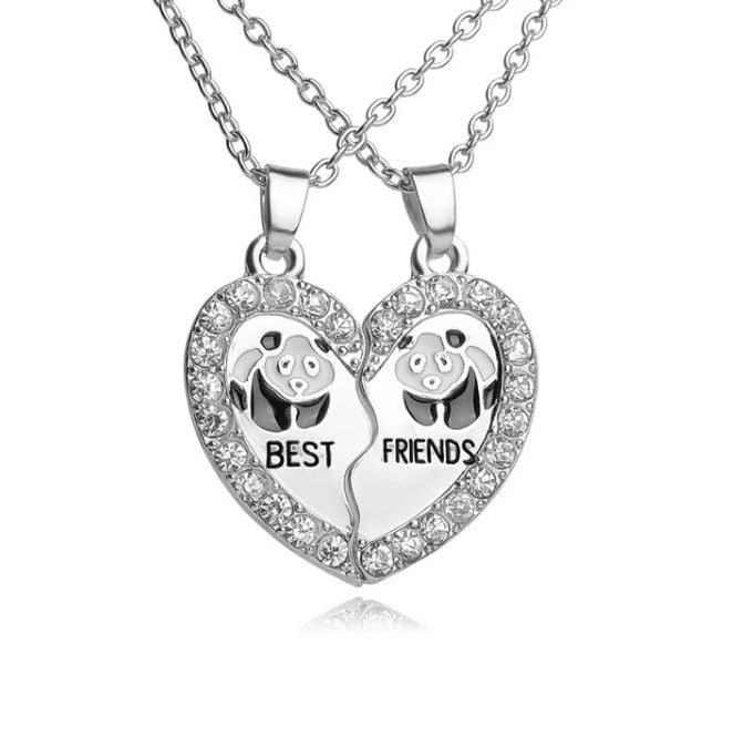 Lantisoare Best Friends, Inima Cu Panda Si Cristale, Set 2 Bucati, Argintiu Engros