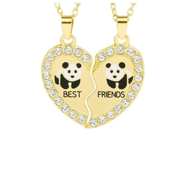 Lantisoare Best Friends, Inima Cu Panda Si Cristale, Set 2 Bucati, Auriu Engros