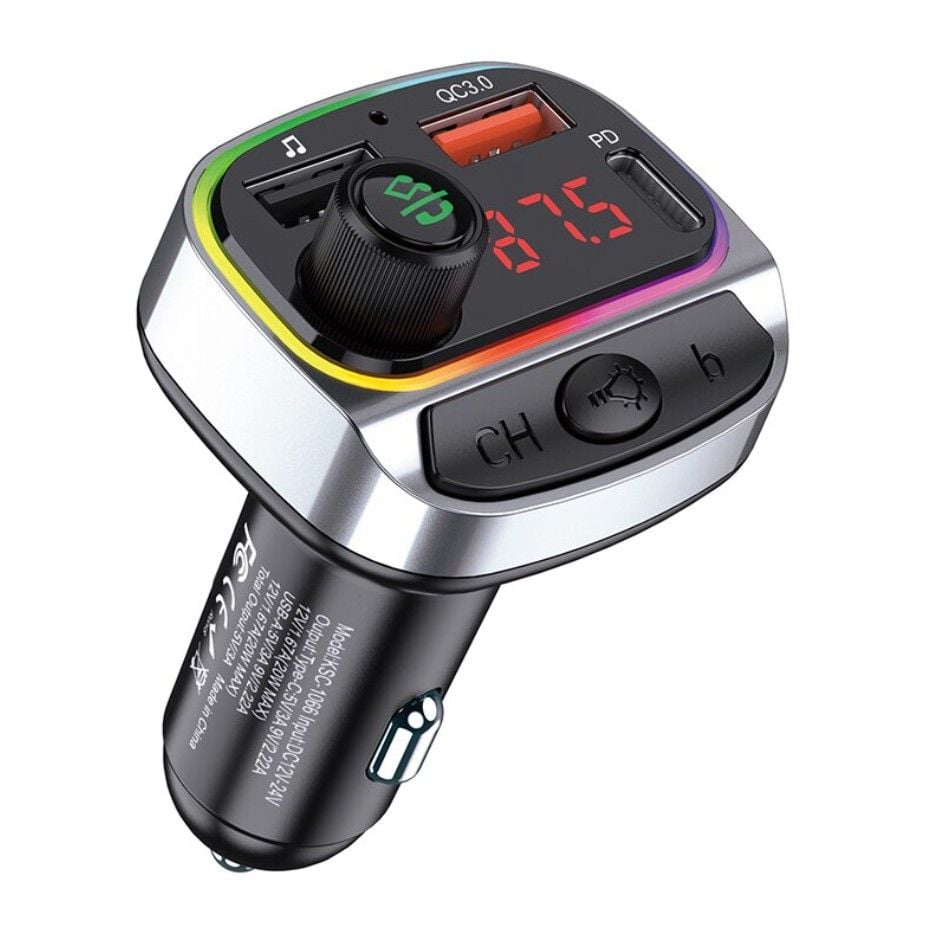 Modulator Auto Bluetooth KSC‑1066, FM Transmitter, Fast Charging PD 20W + QC 18W, USB, LED Color, Afișaj Digital, Redare MP3, Bluetooth 5.0 Engros