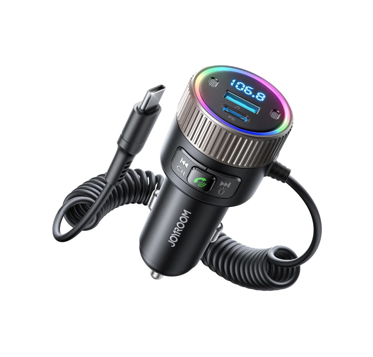 Modulator Auto Joyroom JR-CCB02, 60W, Bluetooth 5.3, Încărcare Rapidă USB-C PD + USB-A QC 3.0, Iluminare RGB, Cablu Spiralat Type-C Engros