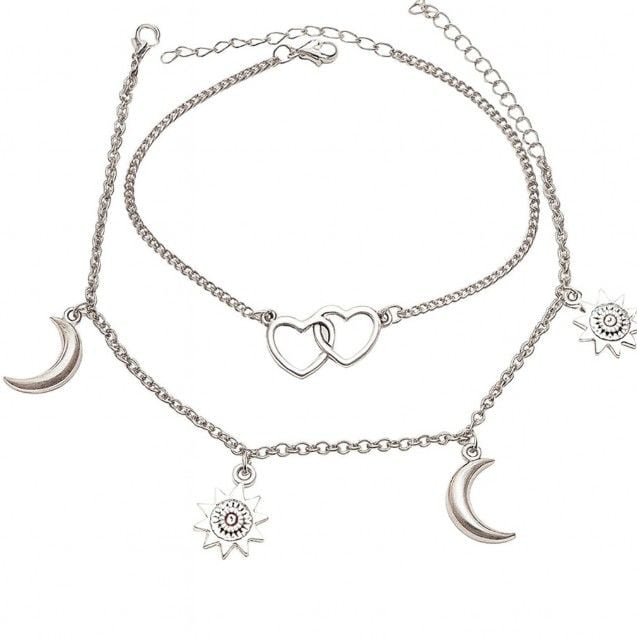 Set 2 Bratari de Picior Femei, Charm Luna, Soare si Inimi, Reglabil, Argintiu, Engros