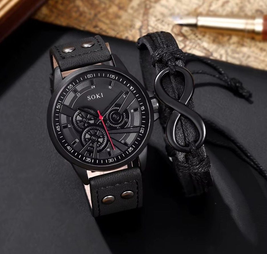 Set Accesorii Bărbați, Ceas Analog Negru, Brățară Piele, Stil Casual Engros
