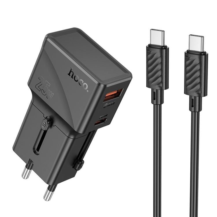 Set Adaptor Hoco AC24 si Cablu Type-C, Multi-Conector EU/UK/US/AUS, USB si Type-C, Negru Engros