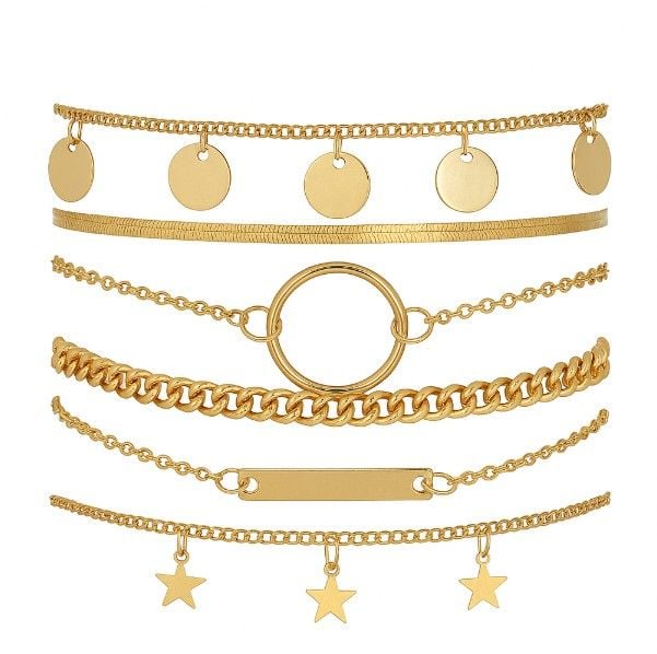 Set Bijuterii Picior Femei, 6 Bratari Aurii, Cu Charm-uri Glam si Inchidere Reglabila, Auriu Engros