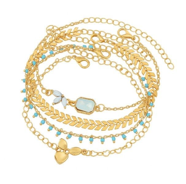 Set Bratari Dama Stil Elegant, Auriu si Turcoaz, Cu Charm-uri si Lant Fin, Auriu Engros