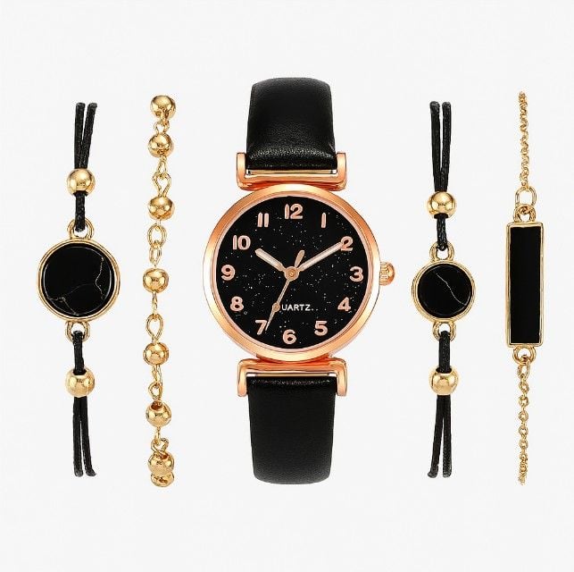 Set Elegant, Ceas Quartz, Curea Neagră, Brățări Asortate, Negru Auriu Engros