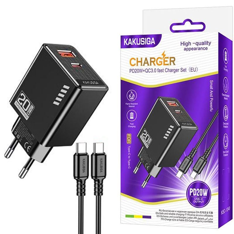 Pachet Incarcator KSC-1240 cu Cablu Type-C 1M, Compatibil iPhone 15/16 si Android, Putere 20W, Negru Engros