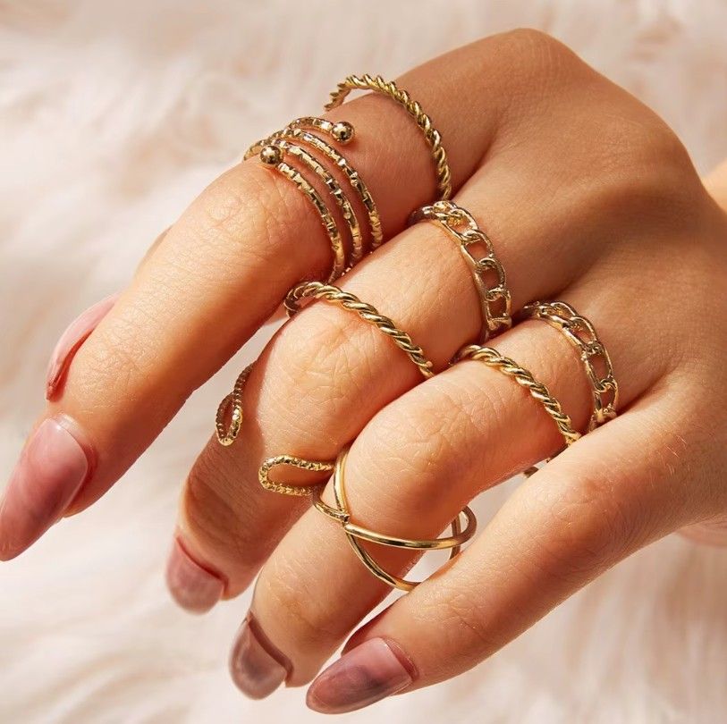 Set 8 inele Chainlink, pentru Femei, Aspect Fashion, Stainless-steel, Auriu Engros
