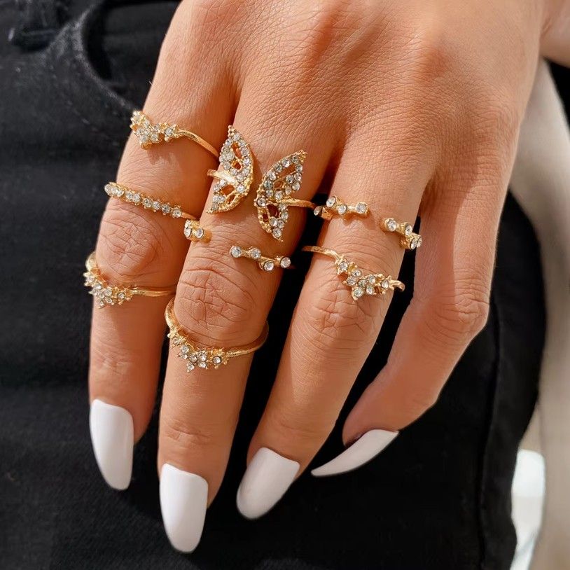 Set 8 inele Crystal crown, pentru Femei, Aspect Fashion, Stainless-steel, Auriu Engros
