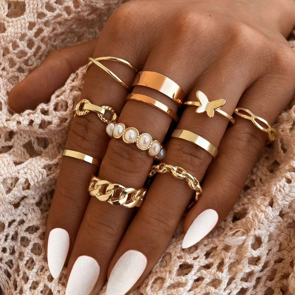 Set 9 inele Pearl butterfly, pentru Femei, Aspect Fashion, Stainless-steel, Auriu Engros