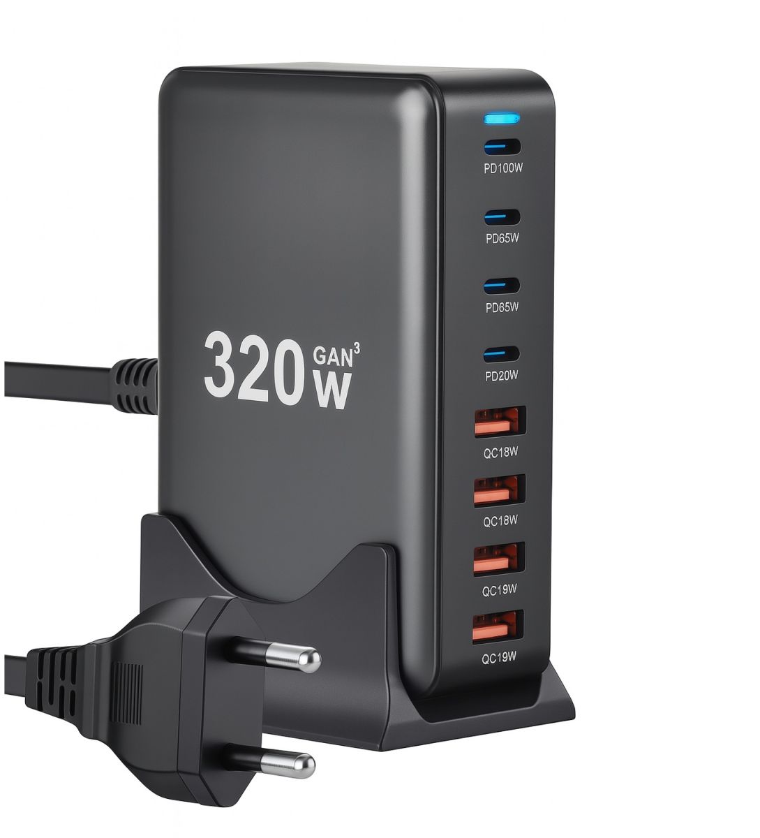 Stație de Încărcare, GAN 320 W, 8‑Port – 4 USB‑C PD + 4 USB‑A QC, Design Compact Engros