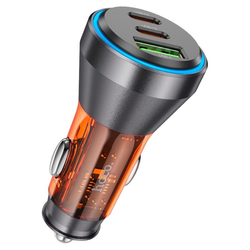 Adaptor Auto 3 Porturi, Incarcare rapida 60W, Hoco NZ12D, Dual Type-C + Port USB, Portocaliu Engros