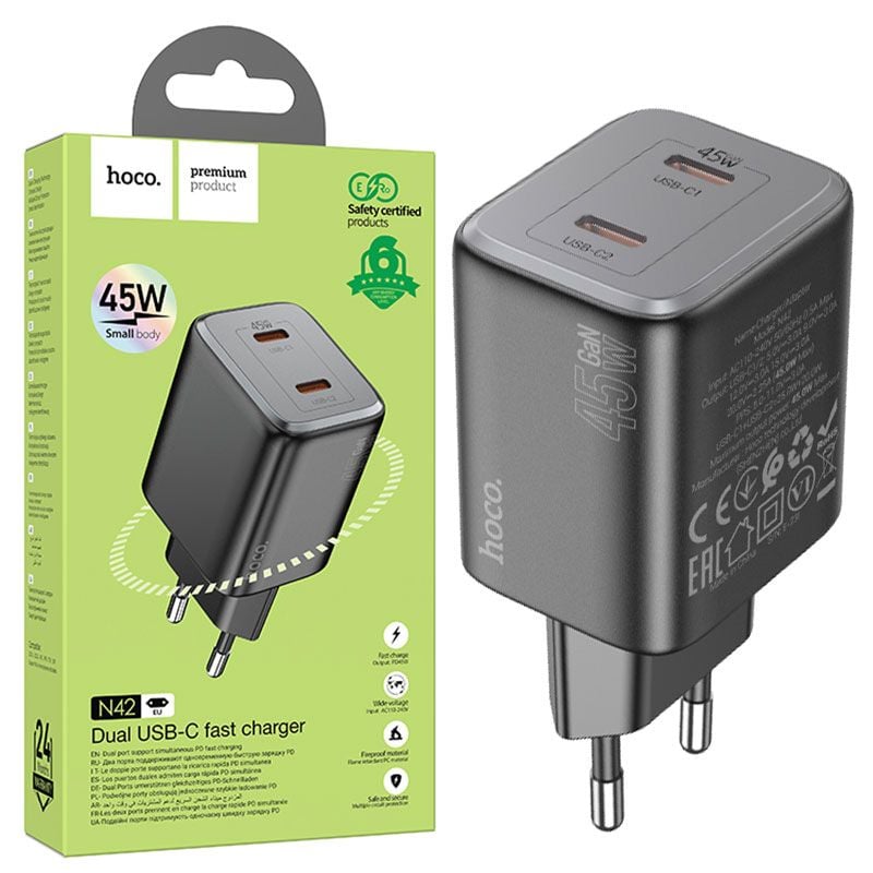 Adaptor Dual Type-C, HOCO N42, Putere 45W, Tehnologie GaN, Negru Engros