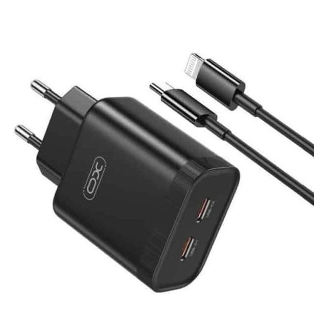 Adaptor XO-L105 si Cablu Lightning pentru iPhone, Incarcator Dual Type-C, Incarcare rapida 35W, Negru Engros
