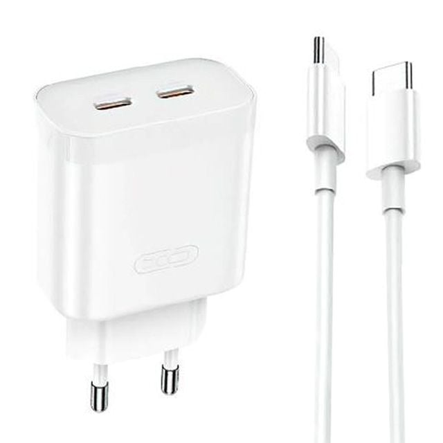 Adaptor XO-L105 si Cablu Type-C, iPhone 15/16 si Android, Incarcator Dual Type-C, Incarcare rapida 35W, Alb Engros