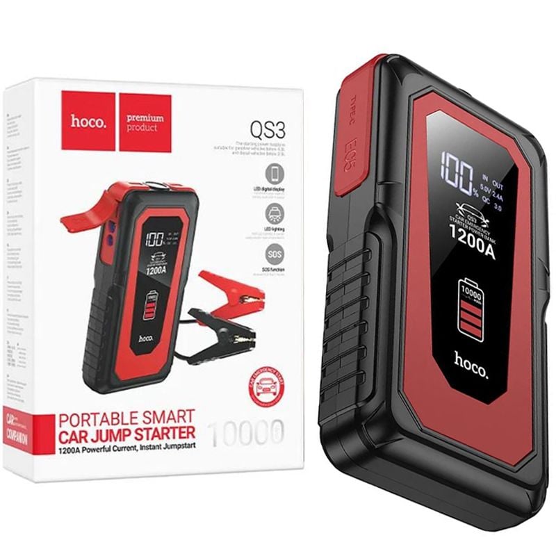 Baterie Hoco QS3, Cabluri Auto Jump Starter, Powerbank 10.000mAh, Dual USB + Type-C, Lanterna, Negru-Rosu Engros