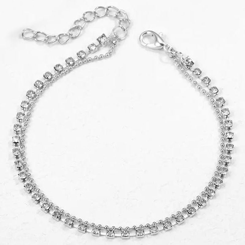 Bratara Glamour pentru Picior, 2 Straturi, Cheita ajustabila, Strasuri, Metal, Argintiu Engros