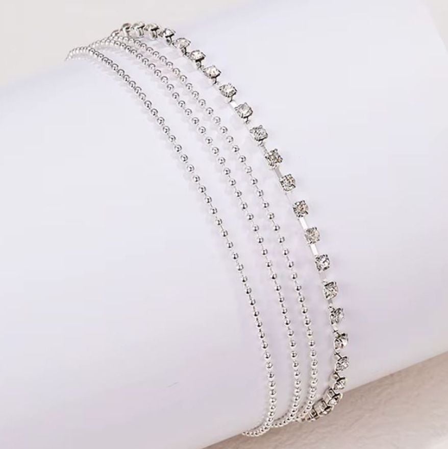 Bratara Glamour pentru Picior, 4 Straturi, Cheita ajustabila, Strasuri, Metal, Argintiu Engros