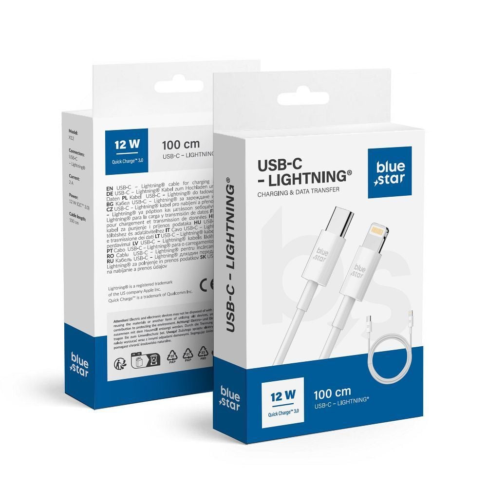 Cablu de incarcare Type-C la Lightning 2A, 12W, QC3.0, BlueStar PA-X12, 1m, Alb Engros