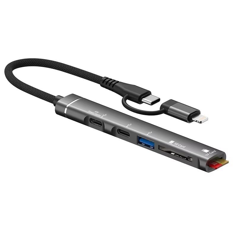 Cablu Hub OTG-019E, 5 Porturi, Mufa Type-C si Lightning, Suporta transfer rapid, Negru Engros