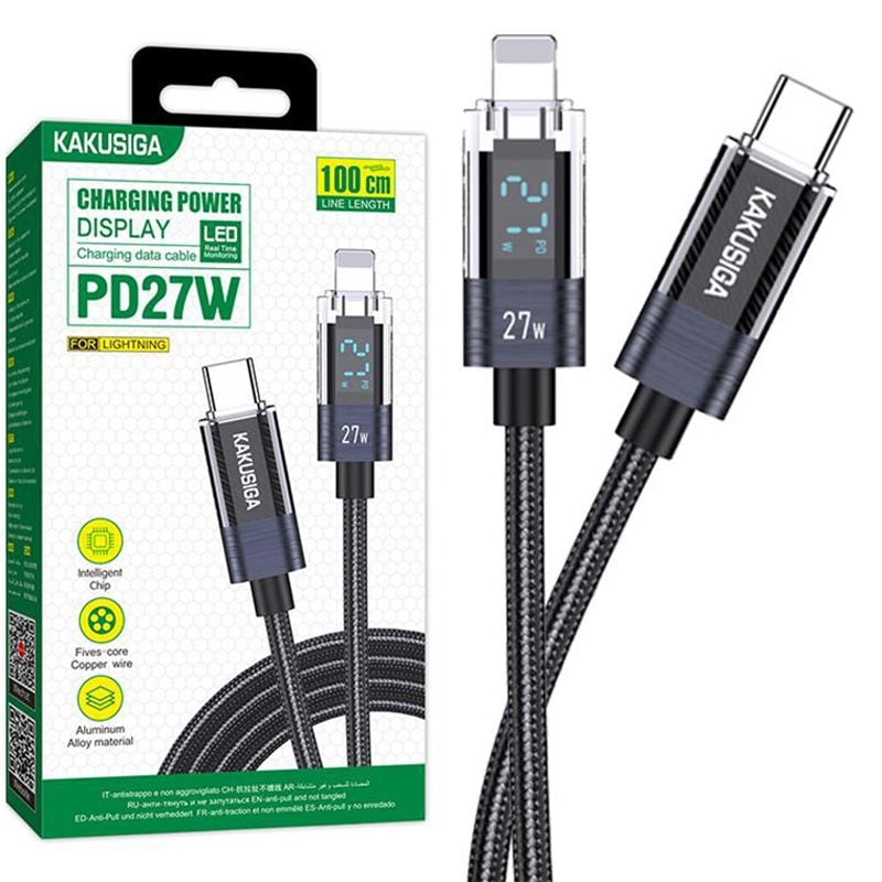Cablu KSC-971, Type-C la Lightning, Compatibil iPhone, Incarcare rapida 27W, Textil, Negru Engros