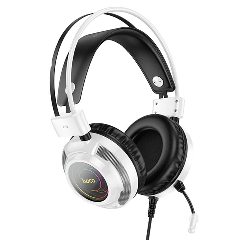 Casti Gaming HOCO W110, Cablu 2M cu USB si AUX, Microfon omnidirectional, Lumini RGB, Alb Engros