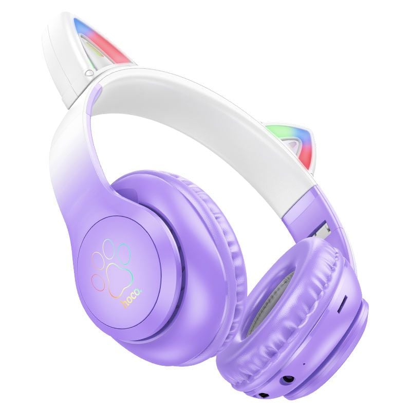 Casti Pisica, Hoco W42, BT 5.3, Iluminare 7 culori, Over Ear, 400mAh, Mov Engros