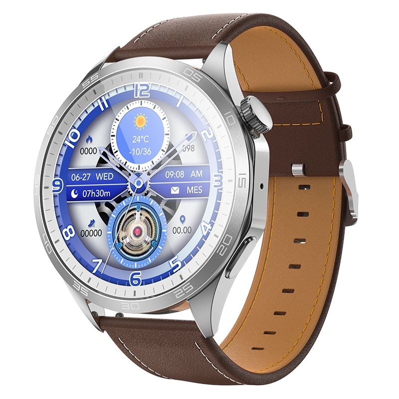 Ceas Smart HOCO Y21, Baterie 250mAh, Apeluri Bluetooth, Ecran 1.43 inch, Curea Leather look, Maro-Argintiu Engros