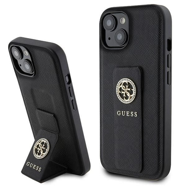 Husa Guess pentru iPhone 13/14/15, Colectie Grip Stand 4G Saffiano Strass, Negru Engros