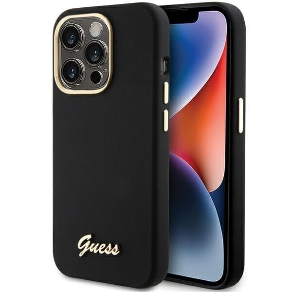 Husa Guess pentru iPhone 15 Pro, Colectie Silicone Script Metal Logo & Frame, Negru Engros