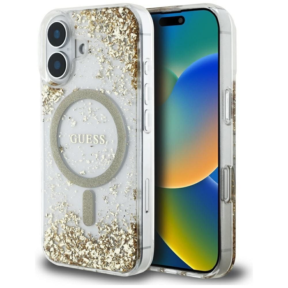 Husa Guess pentru iPhone 16, Compatibila cu Magsafe, Model Resin Bottom Glitter, GUHMP16SRGRGED, Auriu Engros