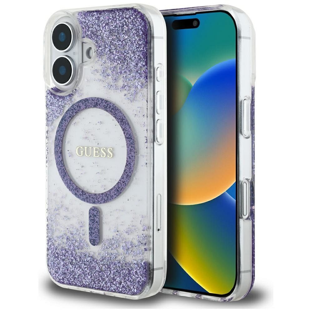 Husa Guess pentru iPhone 16, Compatibila cu Magsafe, Model Resin Bottom Glitter, GUHMP16SRGRGEU, Mov Engros