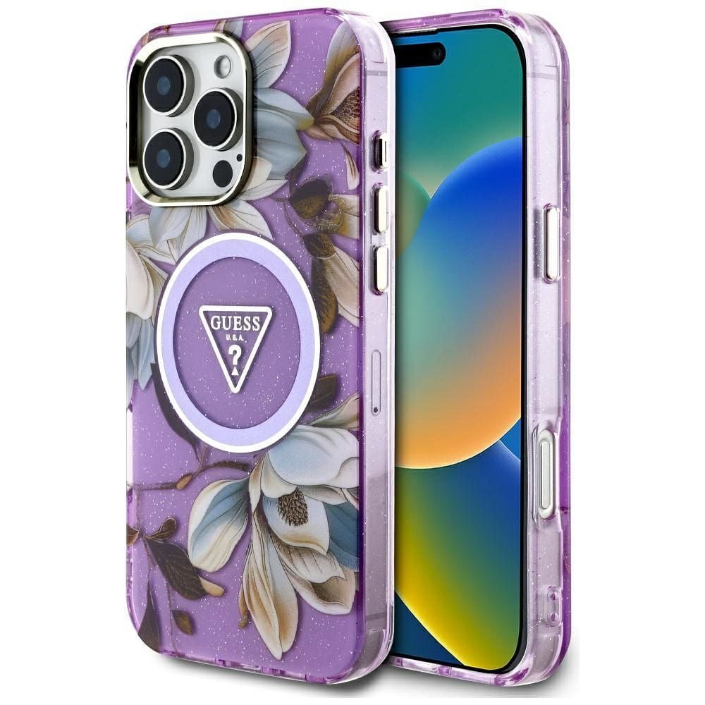 Husa Guess pentru iPhone 16 Pro, Compatibila cu Magsafe, Model IML Metal Glitter Flowers Triangle, GUHMP16LHFLPEDU, Mov Engros