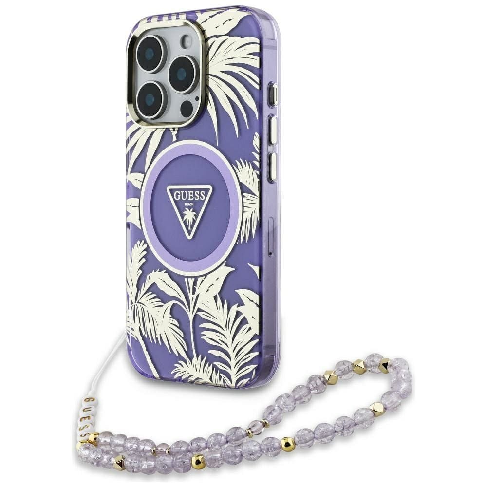 Husa Guess pentru iPhone 16 Pro, Compatibila cu Magsafe, Model IML Palm Trees Triangle, Pearl Strap, GUHMP16LHPCTPLSU, Mov Engros