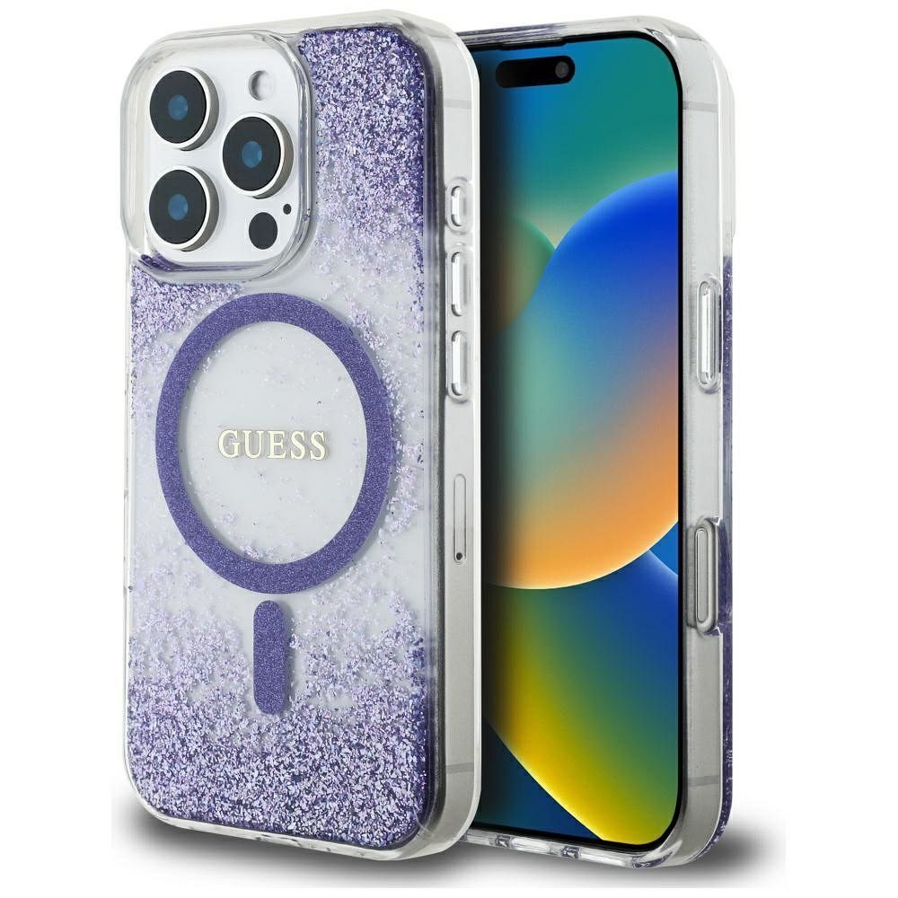Husa Guess pentru iPhone 16 Pro, Compatibila cu Magsafe, Model Resin Bottom Glitter, GUHMP16LRGRGEU, Mov Engros