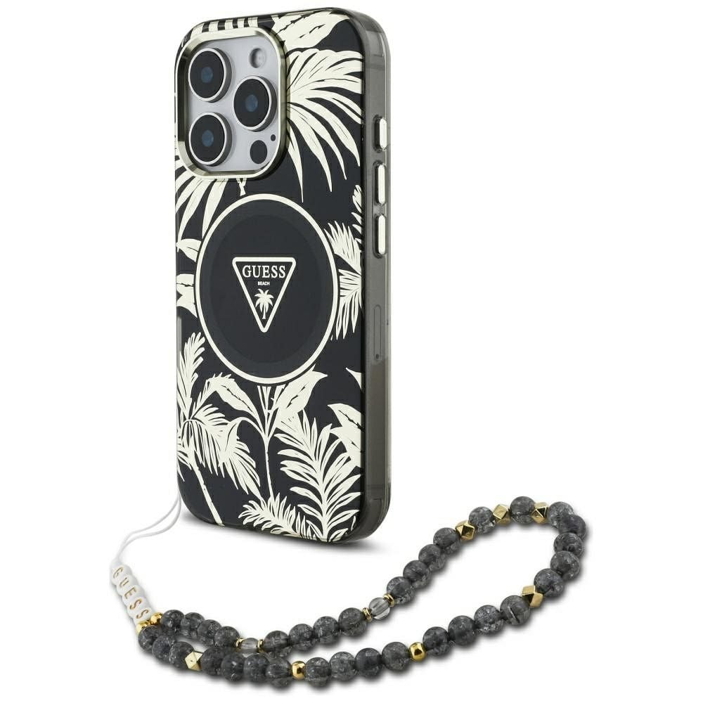 Husa Guess pentru iPhone 16 Pro Max, Compatibila cu Magsafe, Model IML Palm Trees Triangle, Pearl Strap, GUHMP16XHPCTPLSK, Negru Engros