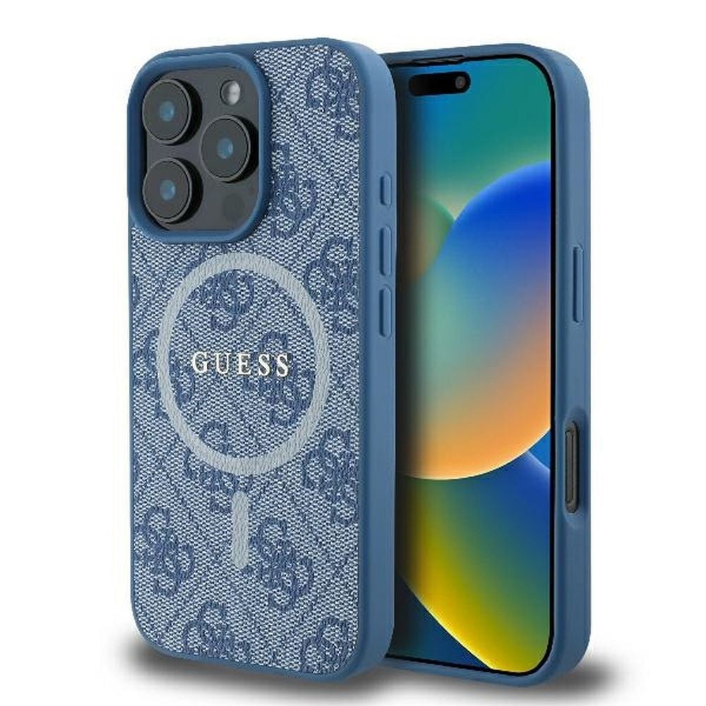 Husa Guess pentru iPhone 16 Pro Max, Model, PU 4G Ring Classic Logo, Compatibila cu Magsafe, Albastru Engros