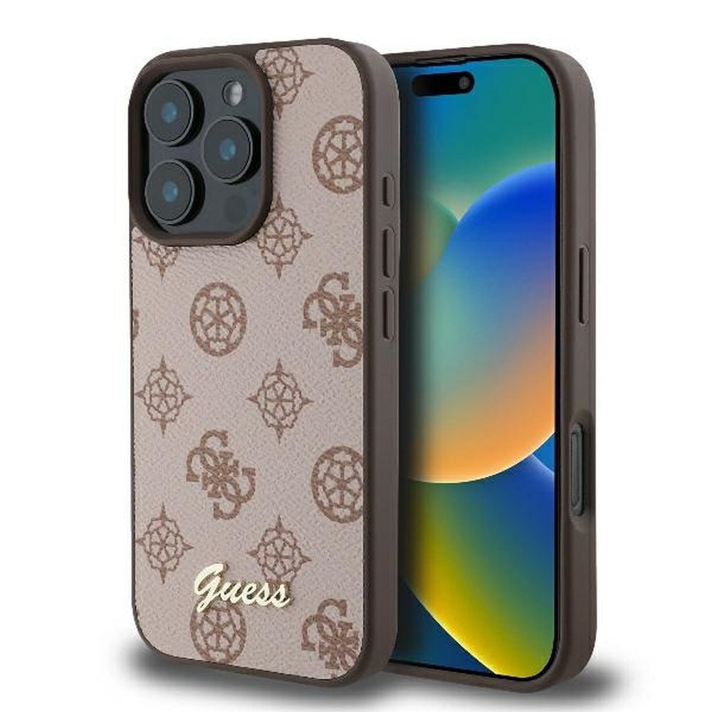 Husa Guess pentru iPhone 16 Pro Max, Model, PU Peony Script, Compatibila cu Magsafe, Maro Engros