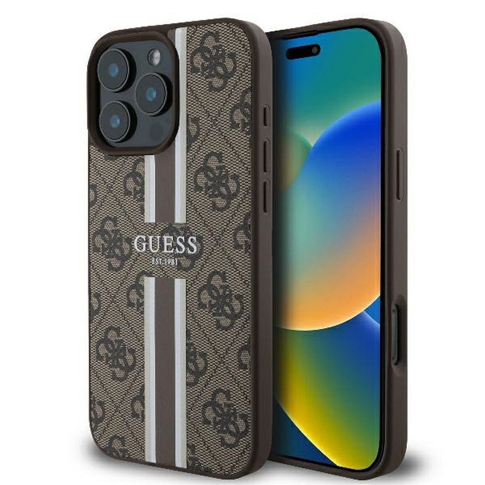 Husa Guess pentru iPhone 16 Pro, Model, 4G Printed Stripes, Compatibila cu Magsafe, Maro Engros