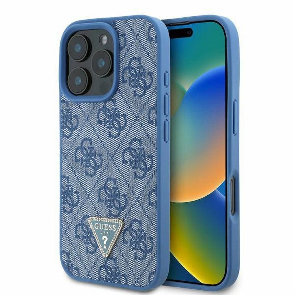 Husa Guess pentru iPhone 16 Pro, Model, PU Leather 4G Triangle Strass, Albastru Engros