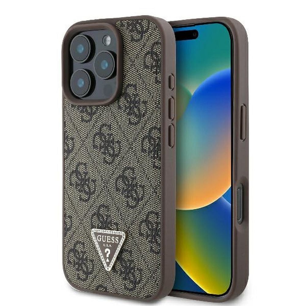 Husa Guess pentru iPhone 16 Pro, Model, PU Leather 4G Triangle Strass, Maro Engros